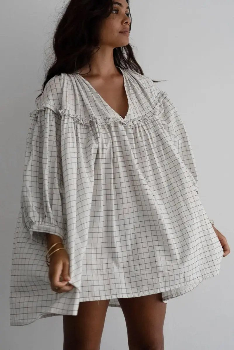 White Stripe Checkered Frilled V Neck Bracelet Sleeve Babydoll Dress - Love Salve